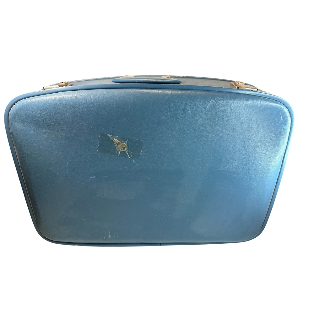 Vintage Slate Blue Hardshell Suitcase Mid Century Modern Luggage with Keys